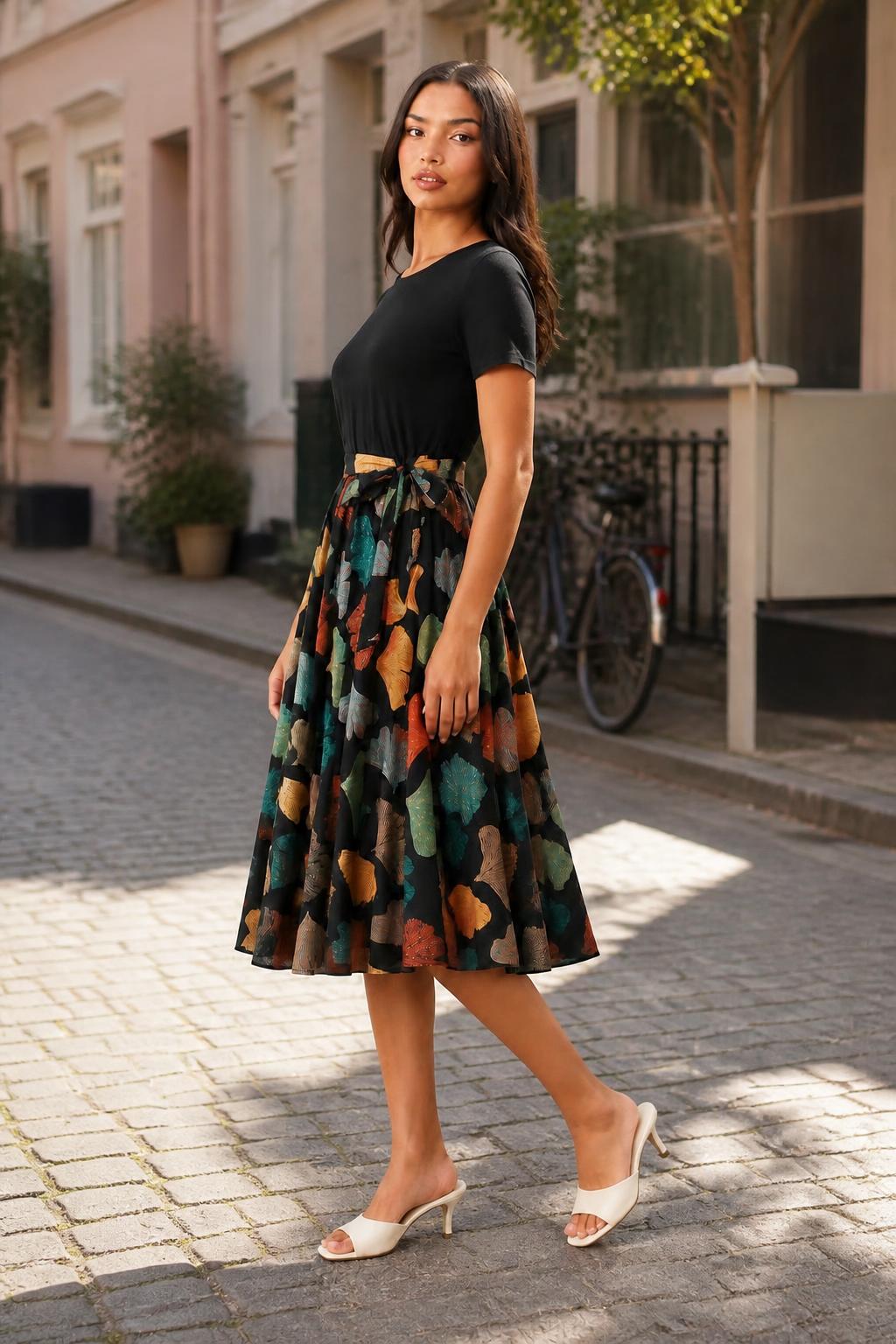 Amelia | Short Sleeve Dress, Floral Round Neck with Belt
