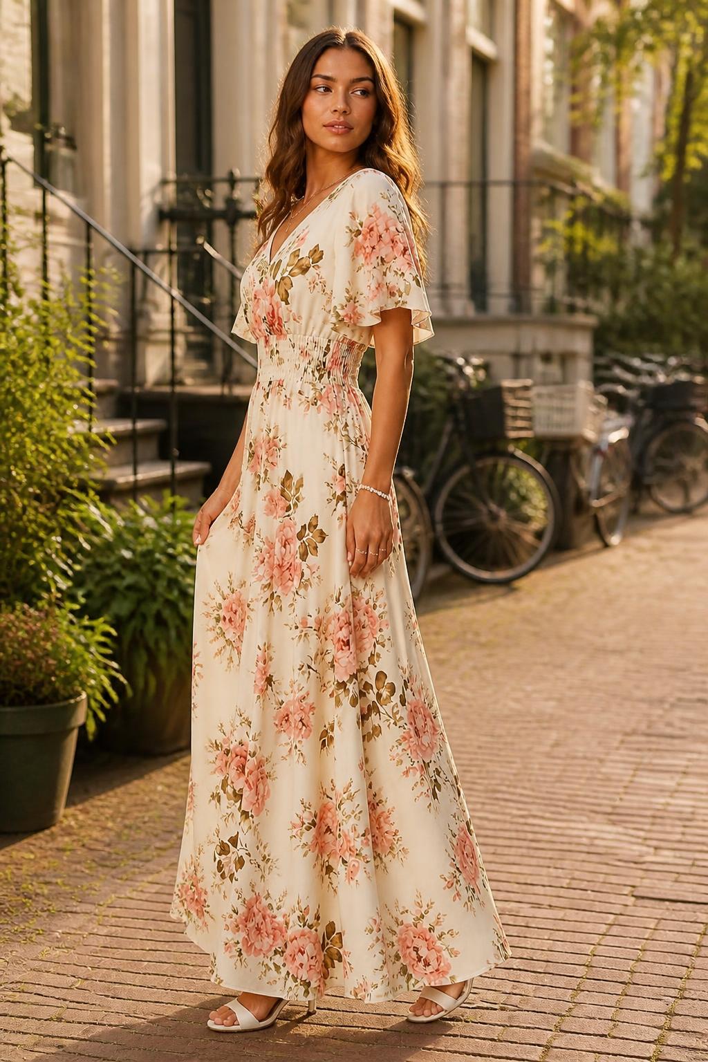 Mia | Flutter Sleeve Dress, Elegant Floral with Ruched Waist