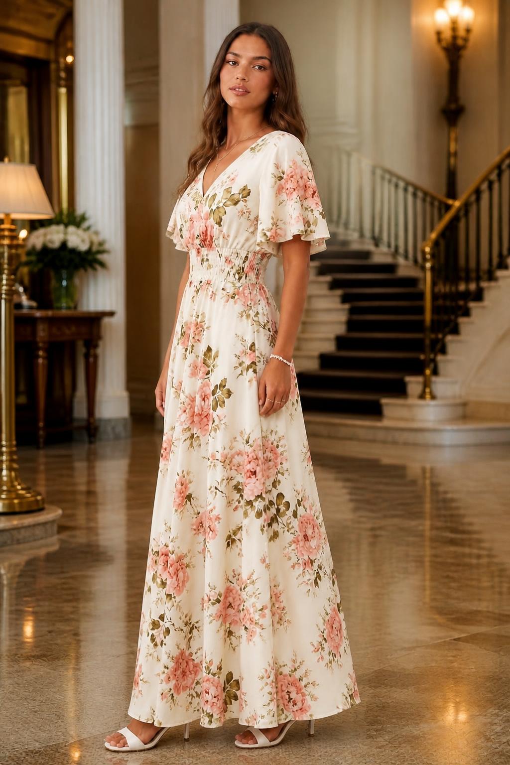 Mia | Flutter Sleeve Dress, Elegant Floral with Ruched Waist