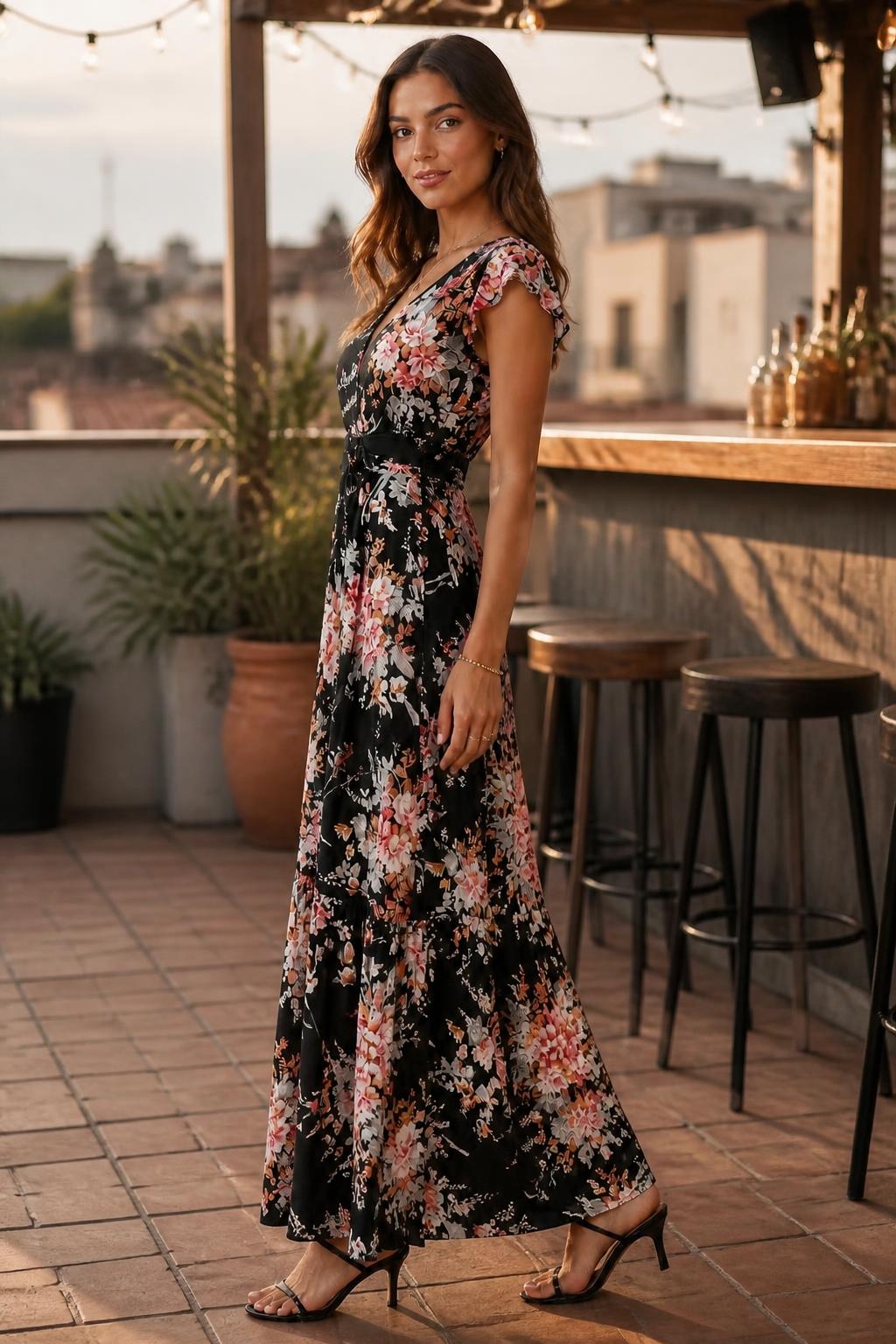 Evelyn | Swing Dress, Belted Floral with Ruffle Sleeves