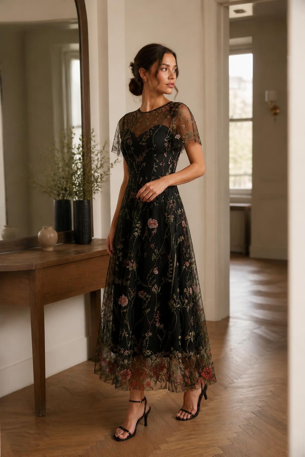 Eliana | Floral Embroidered Dress, Elegant Mesh with Round Neck