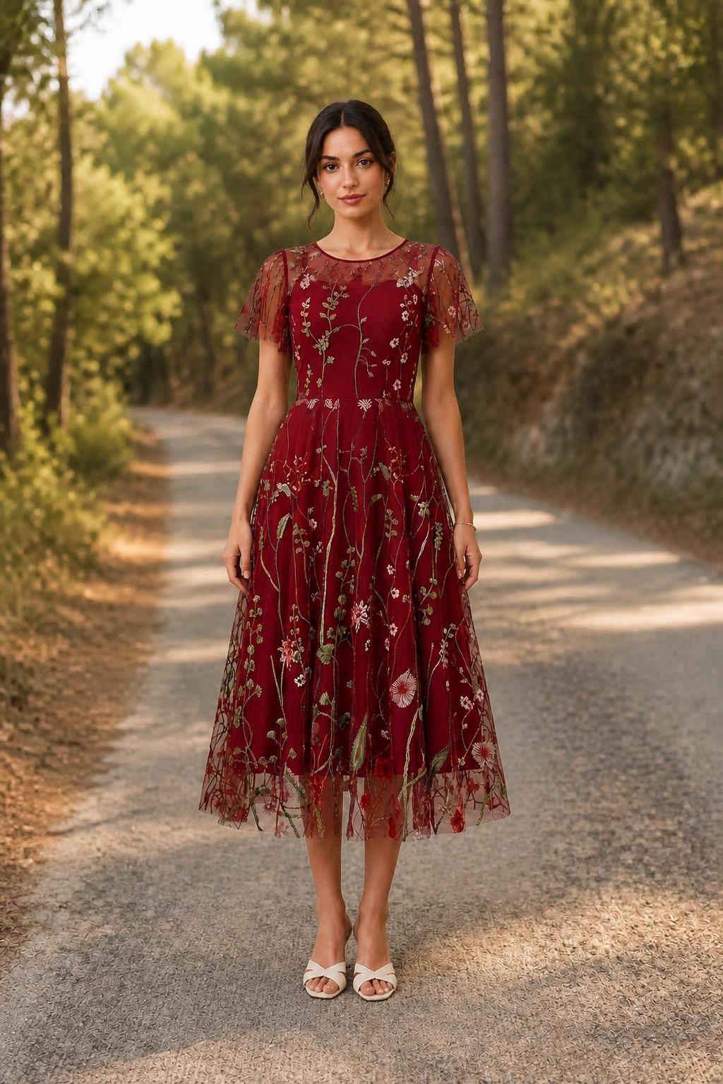 Eliana | Floral Embroidered Dress, Elegant Mesh with Round Neck