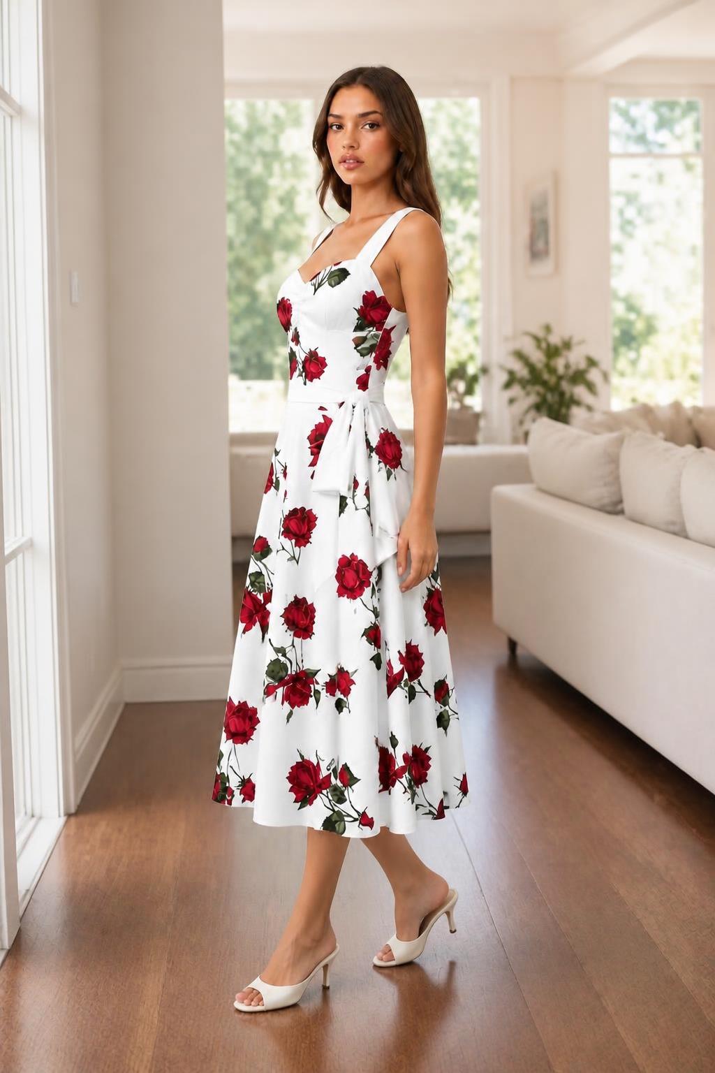 Charlotte | Sweetheart Neckline Dress, Floral A-Line Sleeveless with Belt