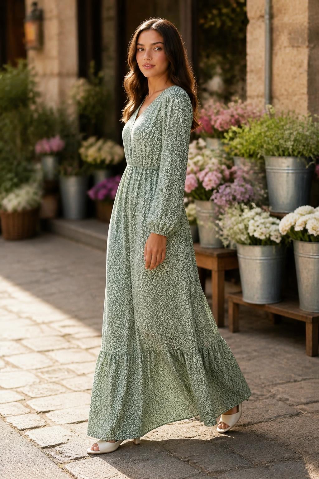 Amelia | Long Sleeve Dresses for Women, Floral A-Line with Ruffle Hem
