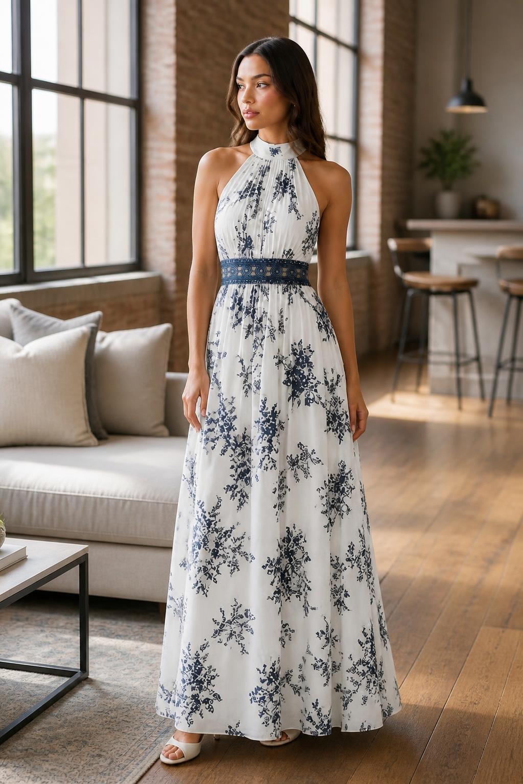 Mia | White Maxi Dress, Elegant Off-Shoulder Floral with Velvet Trim