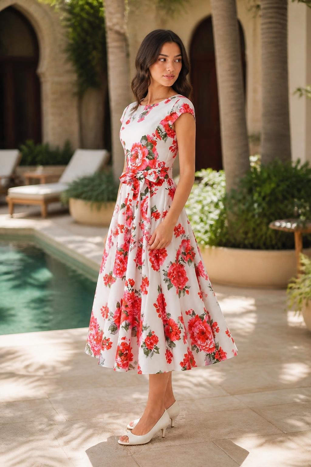 Sofia | Flowers Dress, Tie-Waist Pleated with Round Neck
