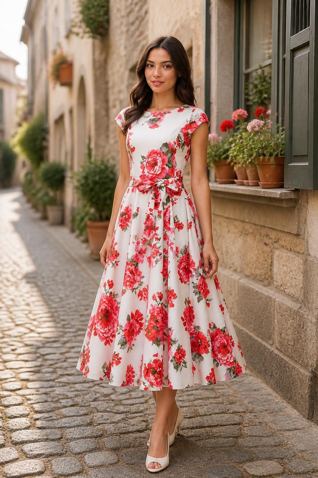 Sofia | Flowers Dress, Tie-Waist Pleated with Round Neck