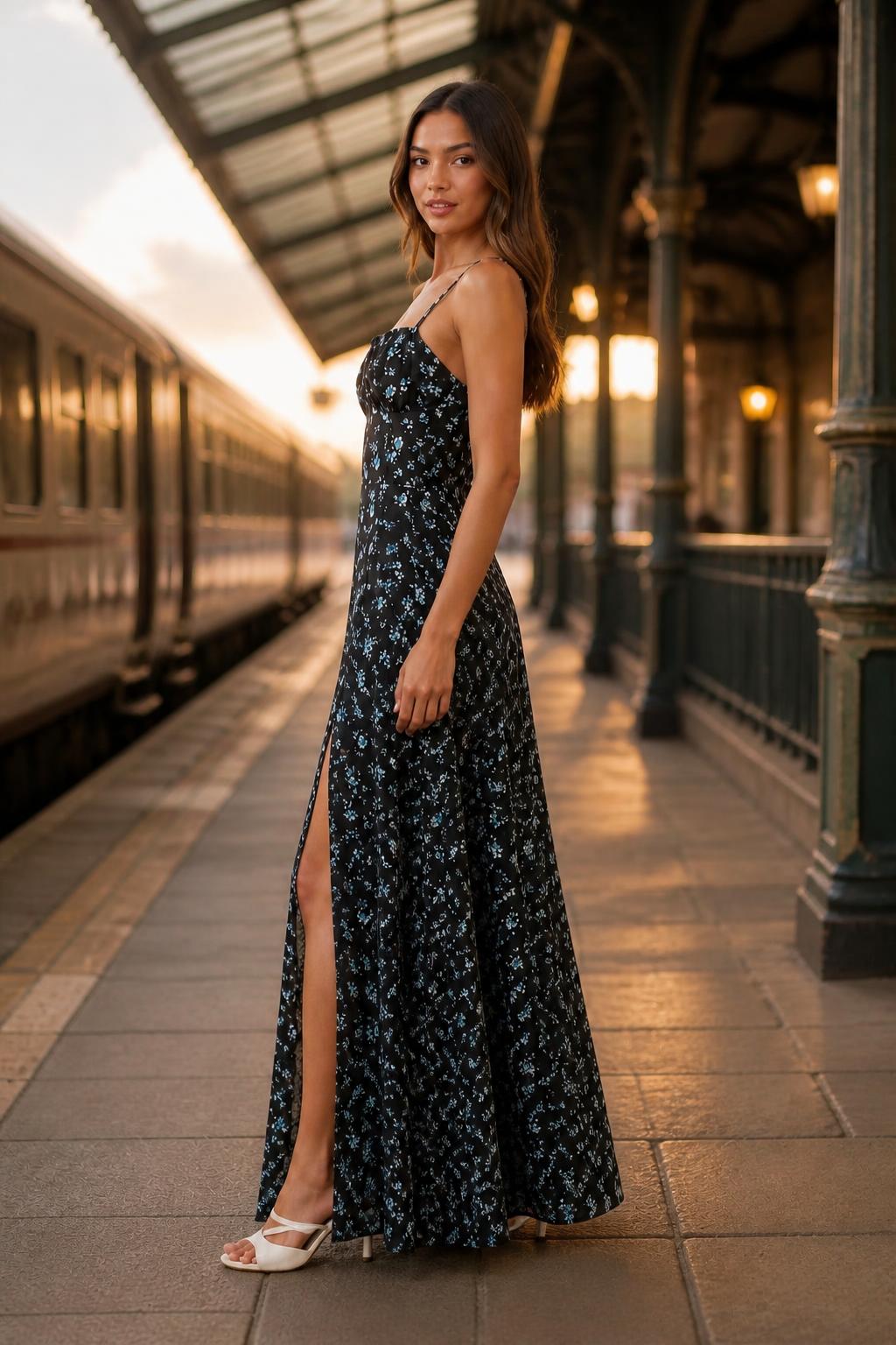 Amelia | Spaghetti Strap Dress, Floral with Open Back, Vintage Style
