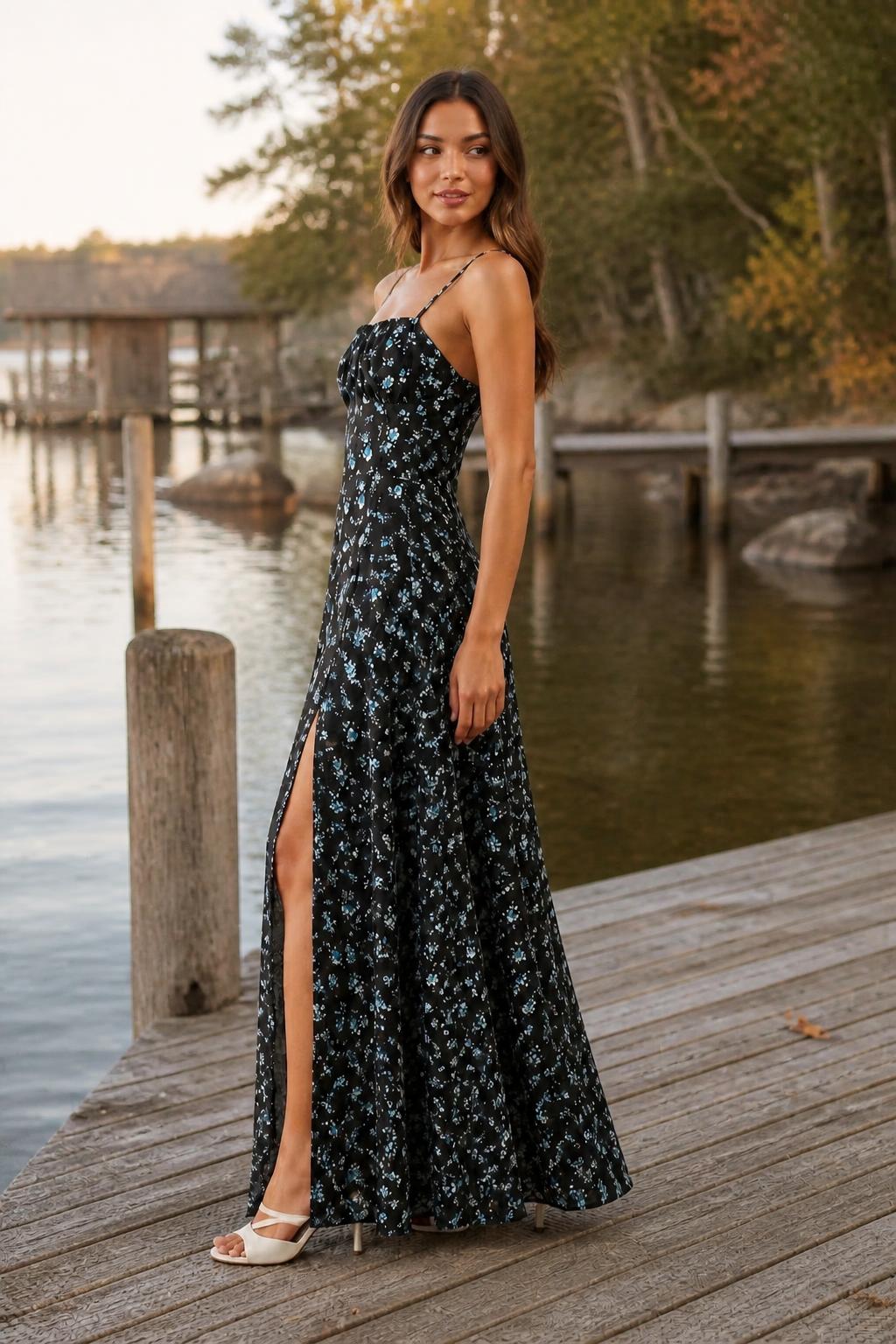 Amelia | Spaghetti Strap Dress, Floral with Open Back, Vintage Style
