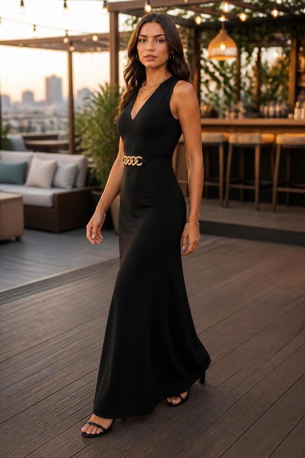 Mia | Black Bodycon Dress, Elegant V-Neck Sleeveless with Gold Chain
