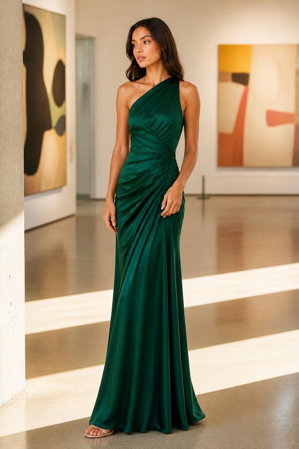 Sophia | Green Satin Dress, Elegant Dark Green Off-Shoulder Evening Gown