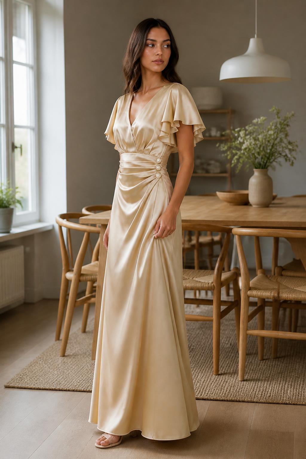 Isabella | Long Dress, V-Neck with Crossed Bodice and Ruffle Sleeves