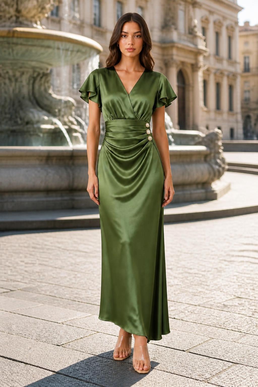 Isabella | Long Dress, V-Neck with Crossed Bodice and Ruffle Sleeves