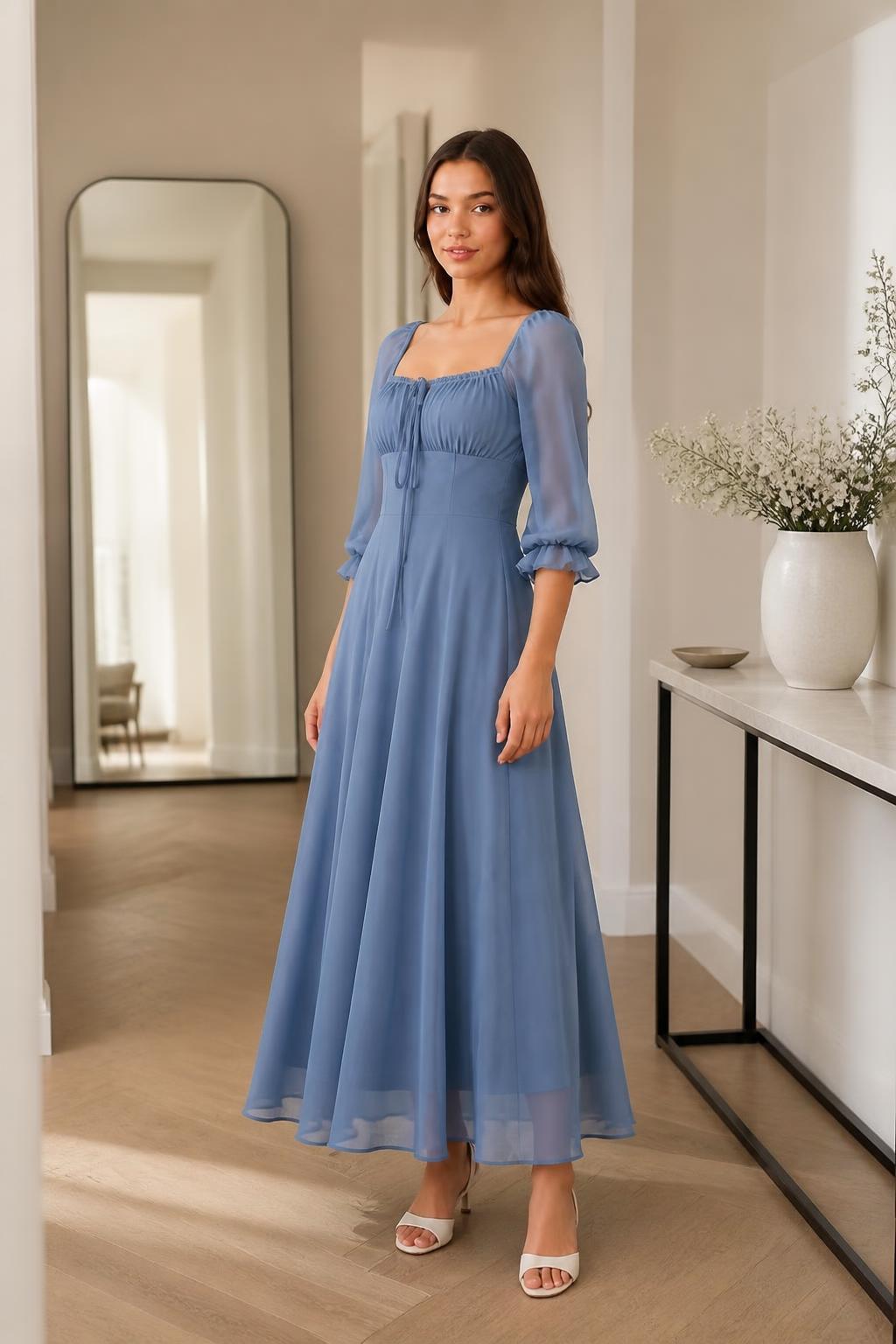 Evelyn | Ruffle Dresses, Women's Solid Square Neck with Tie Waist