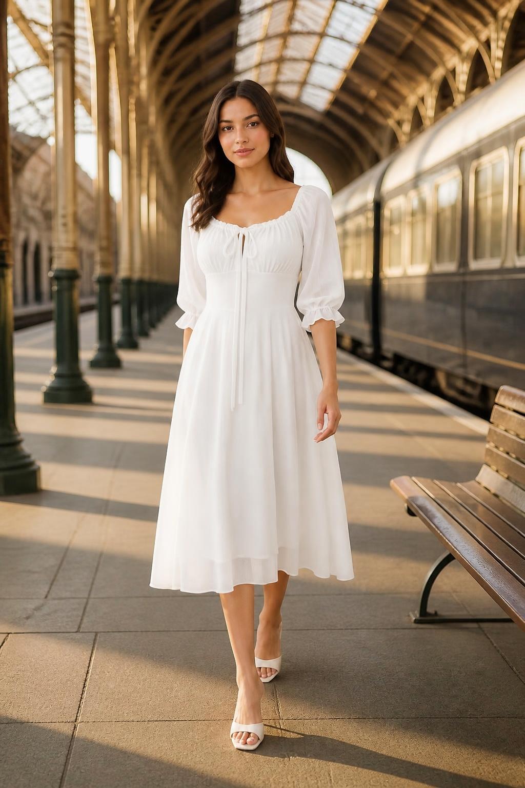 Evelyn | Ruffle Dresses, Women's Solid Square Neck with Tie Waist