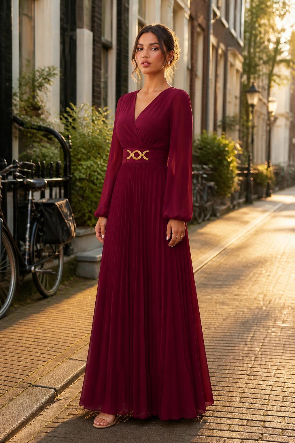 Charlotte | Pleated Dresses, Elegant V-Neck Long Sleeve with Metal Buckle