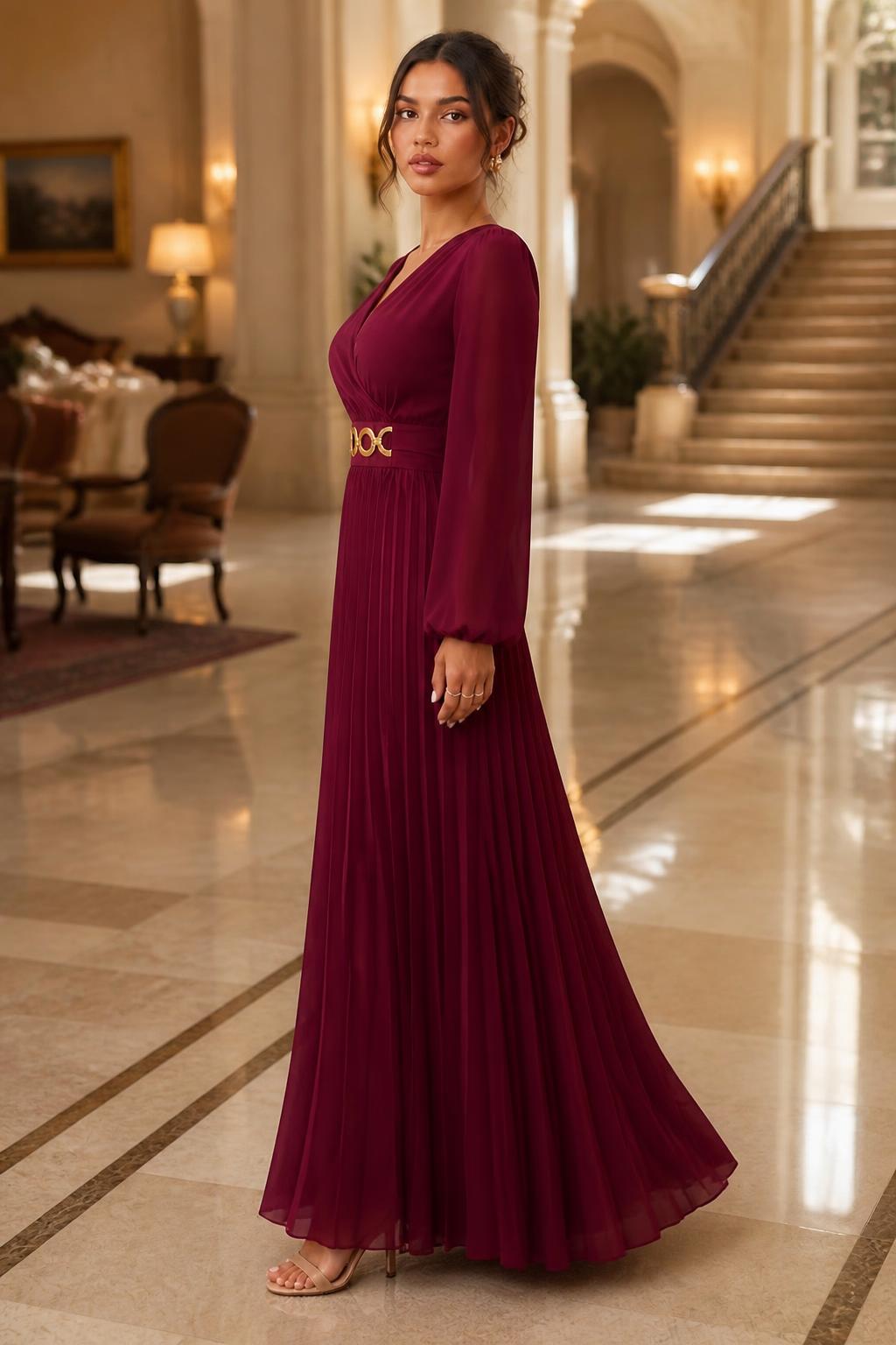 Charlotte | Pleated Dresses, Elegant V-Neck Long Sleeve with Metal Buckle