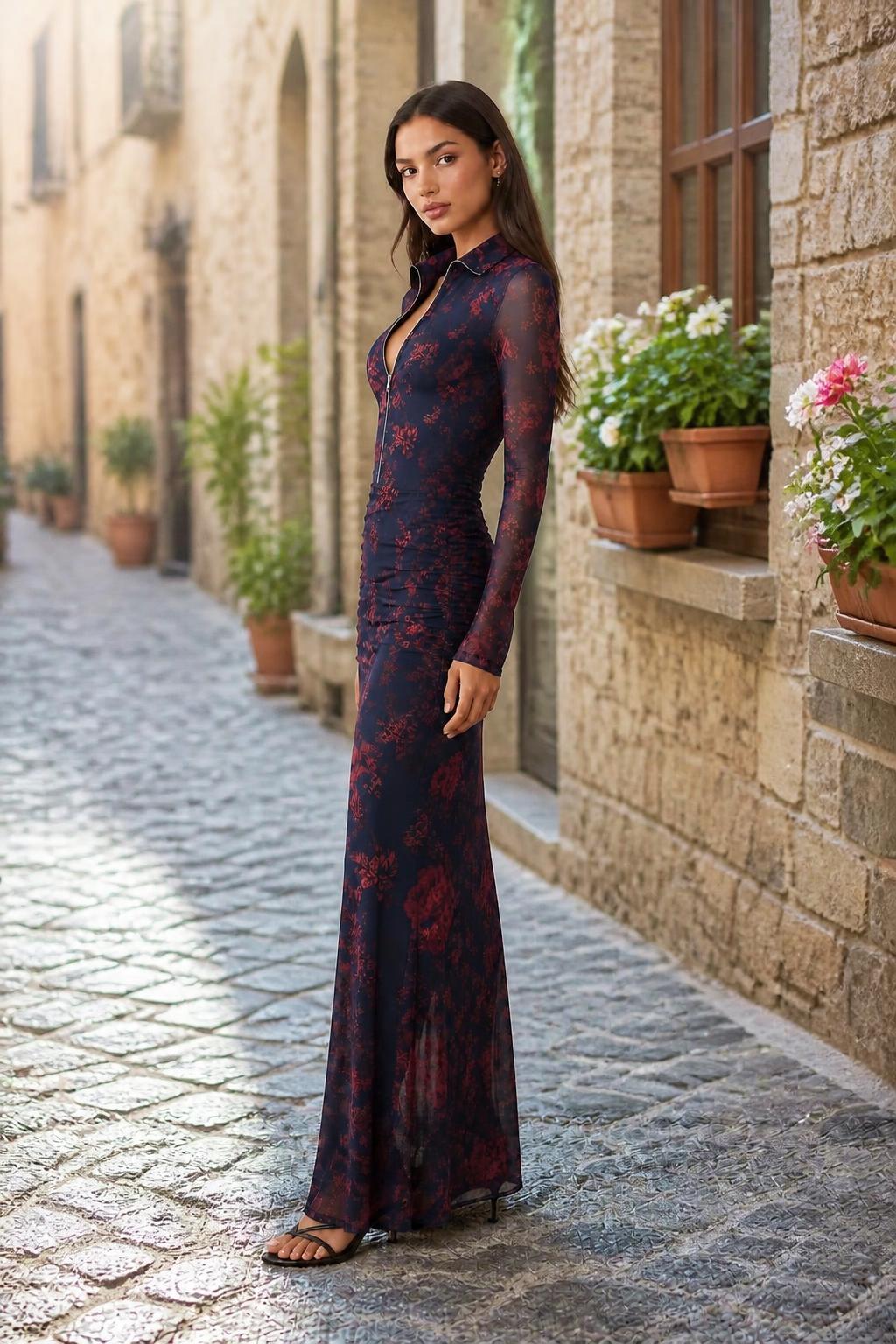 Emma | Floral Mini Dress, Long-Sleeve Mesh Bodycon