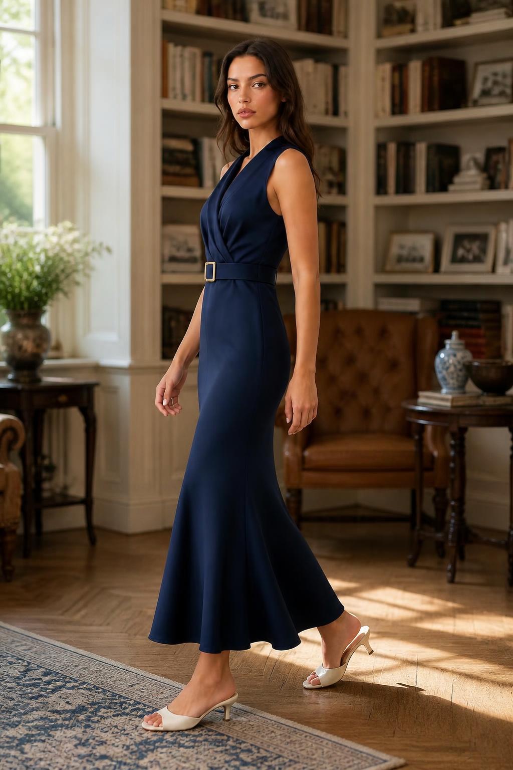 Amelia | Mermaid Dress, Fitted V-Neck with Metallic Buckle