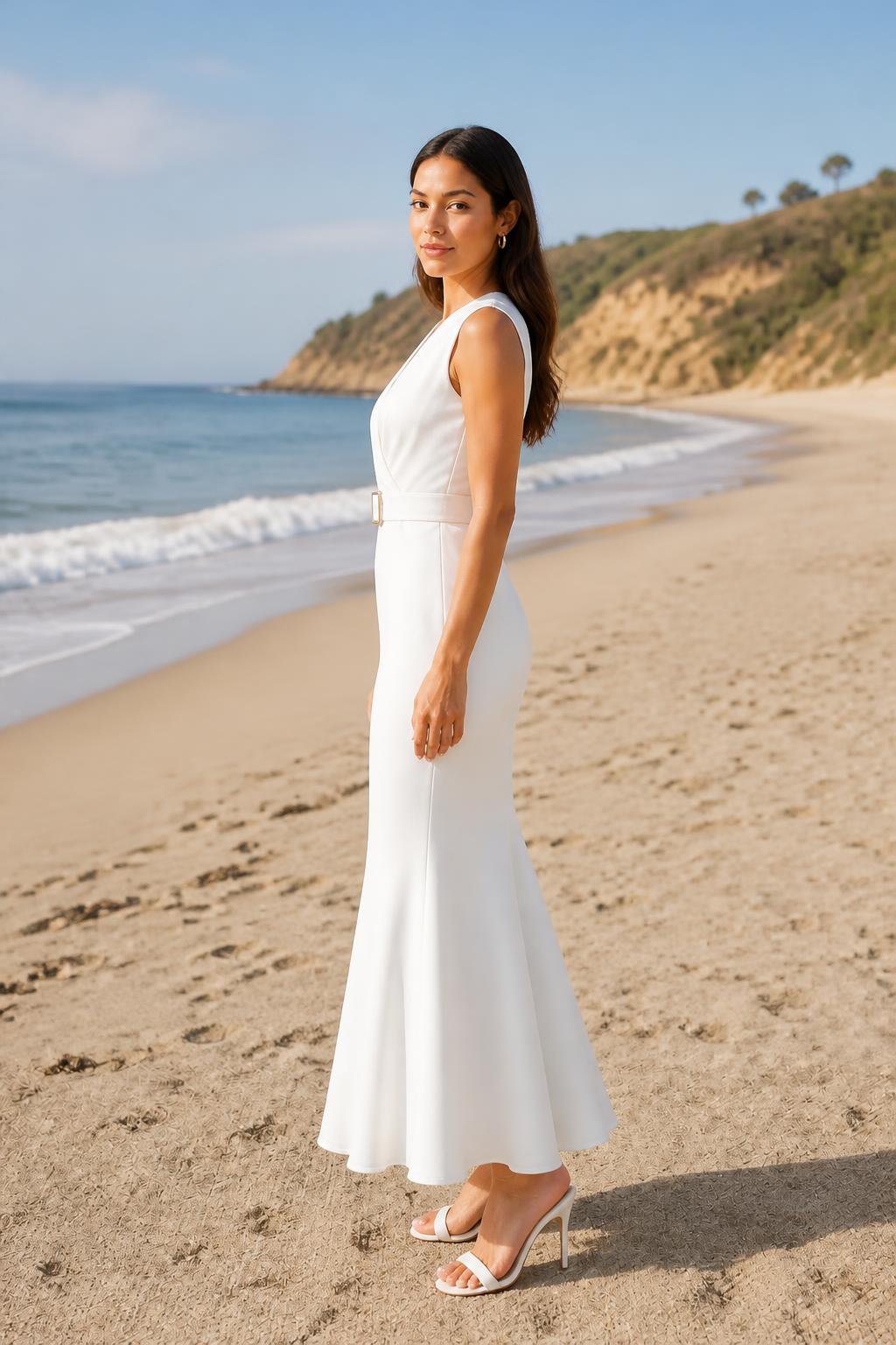 Amelia | Mermaid Dress, Fitted V-Neck with Metallic Buckle