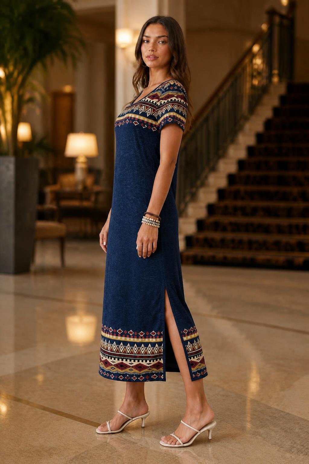 Evelyn | Boho Dress, Geometric Print Relaxed Straight Cut