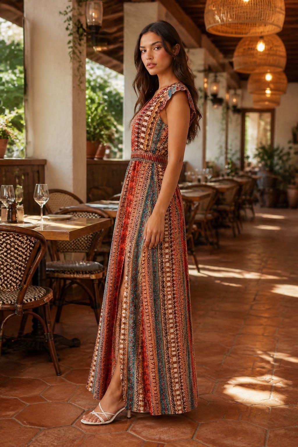 Eliana | Boho Maxi Dress, V-Neck with Waist Tie and High Slit