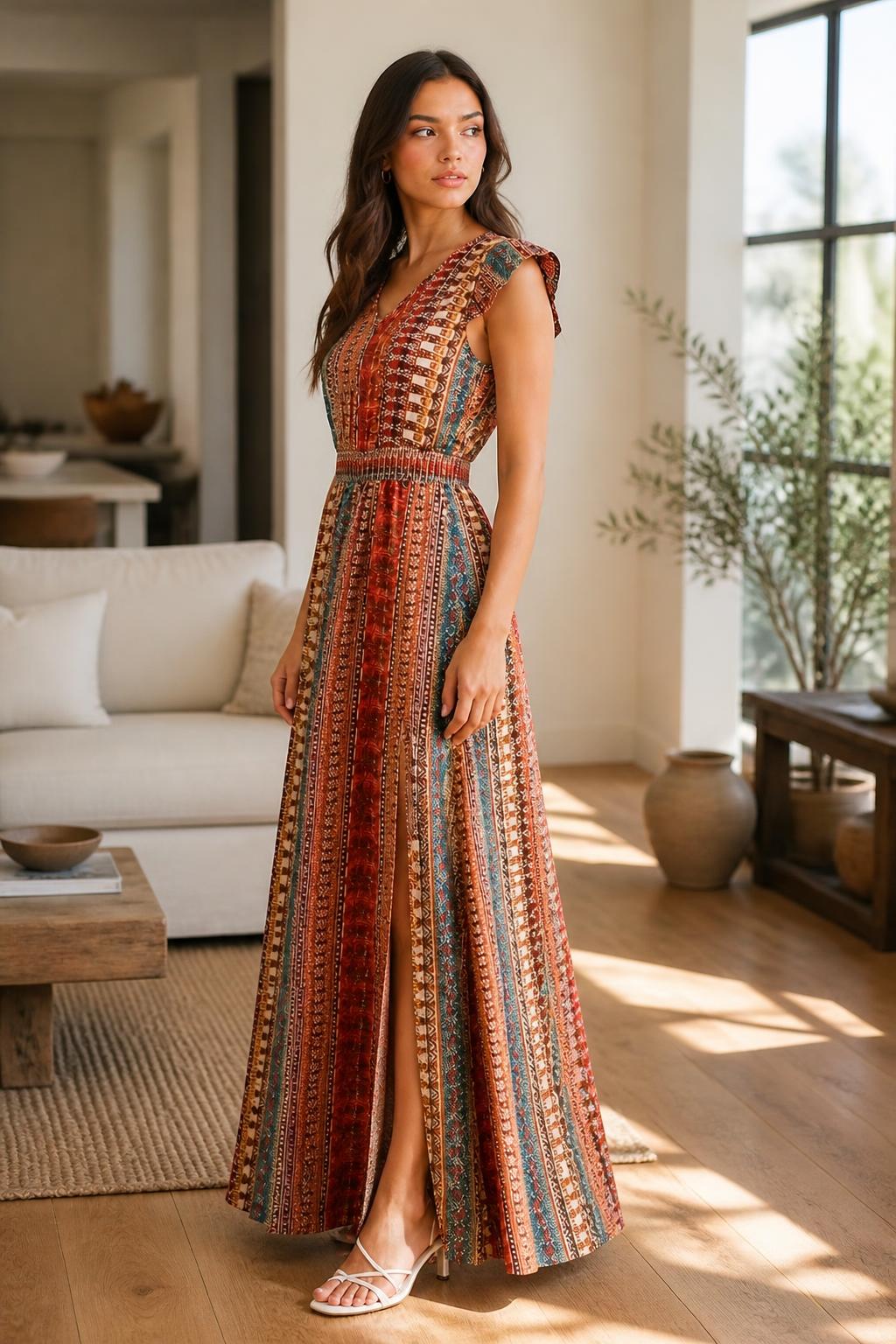 Eliana | Boho Maxi Dress, V-Neck with Waist Tie and High Slit