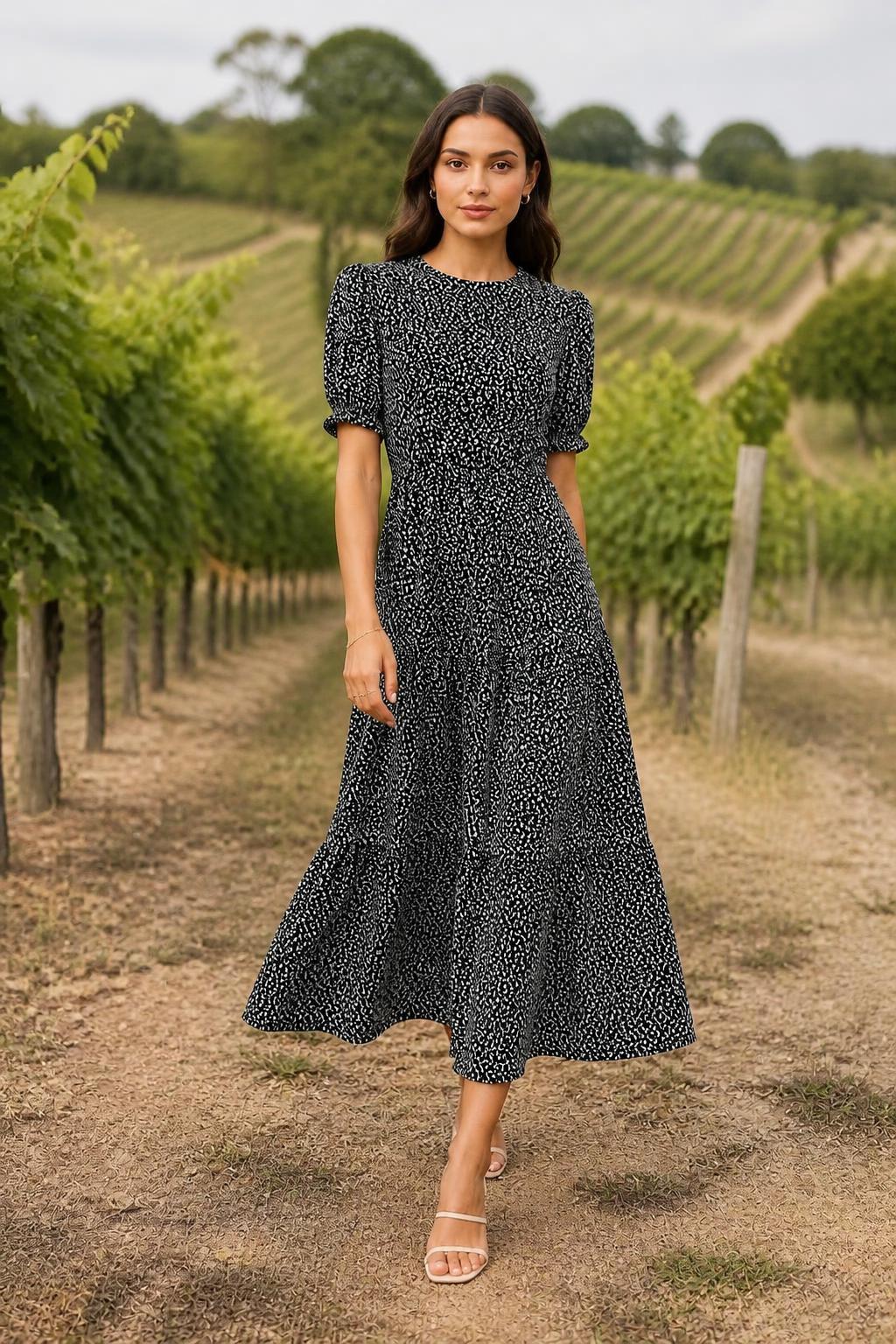 Charlotte | Leopard Print Dress, Puff Sleeve Boho with Round Neck
