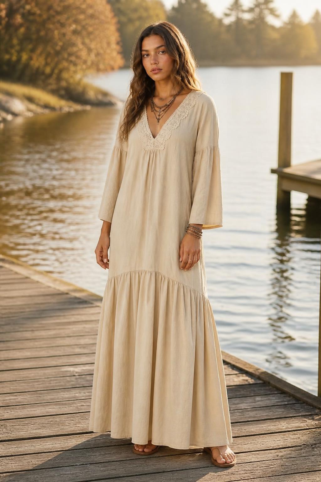 Olivia | Ruffle Dress, Romantic Bohemian V-Neck Cotton