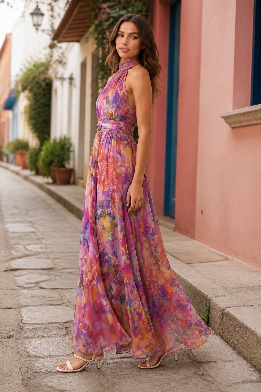 Charlotte | Strapless Maxi Dress, Bohemian Chiffon with Belt