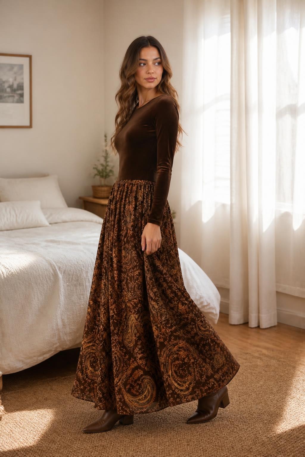 Emma | Floral Maxi Skirt, Vintage Long with Elastic Waist (No Belt)