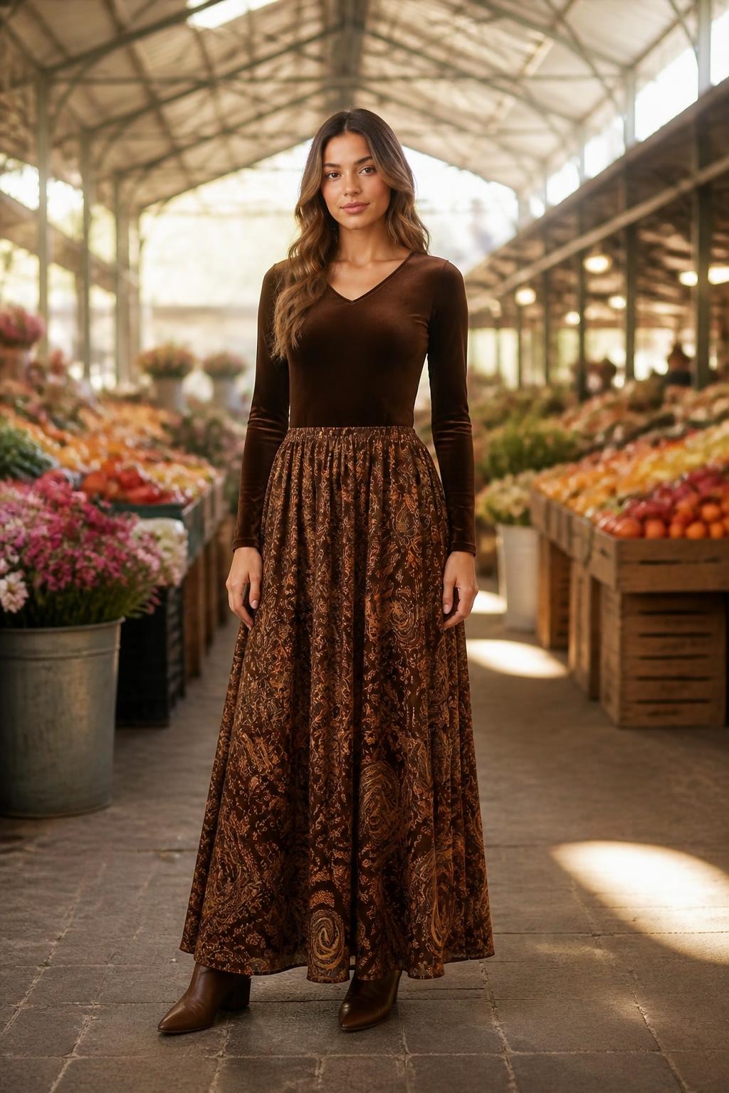 Emma | Floral Maxi Skirt, Vintage Long with Elastic Waist (No Belt)