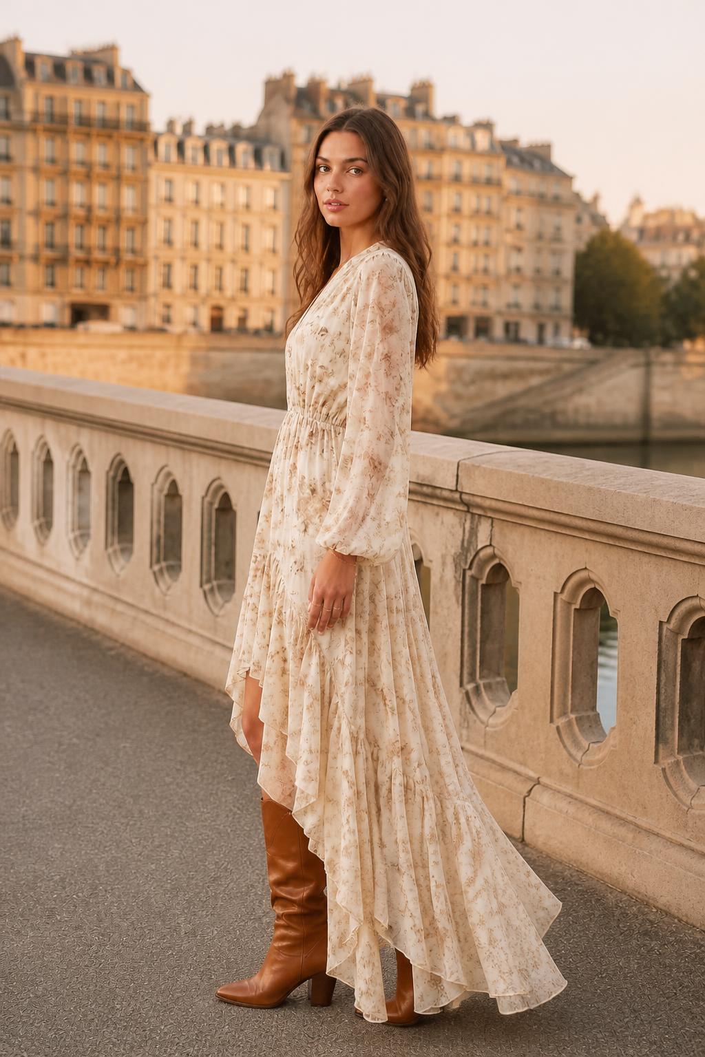 Amelia | Vacation Dress, Floral V-Neck Asymmetric with Lace Trim