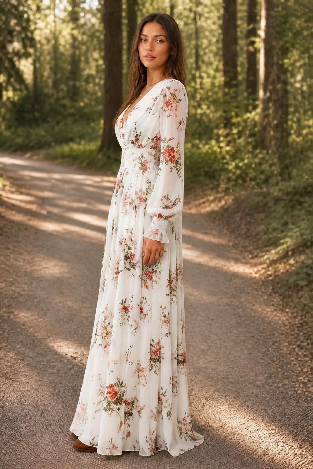 Evelyn | Long Sleeve Maxi Dress, V-Neck Floral Bohemian (No Belt)