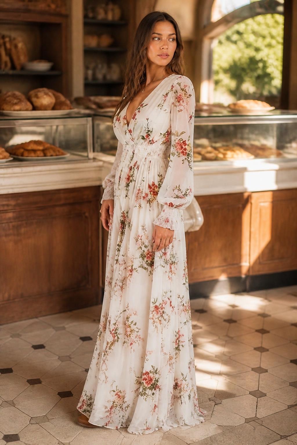 Evelyn | Long Sleeve Maxi Dress, V-Neck Floral Bohemian (No Belt)