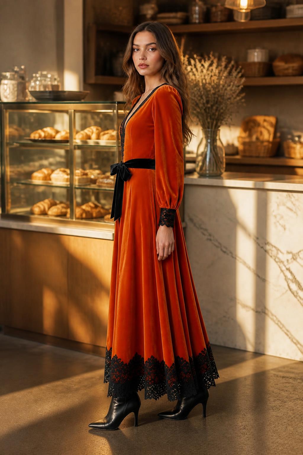 Sofia | Velvet Dress, Vintage Orange V-Neck with Lace Trim