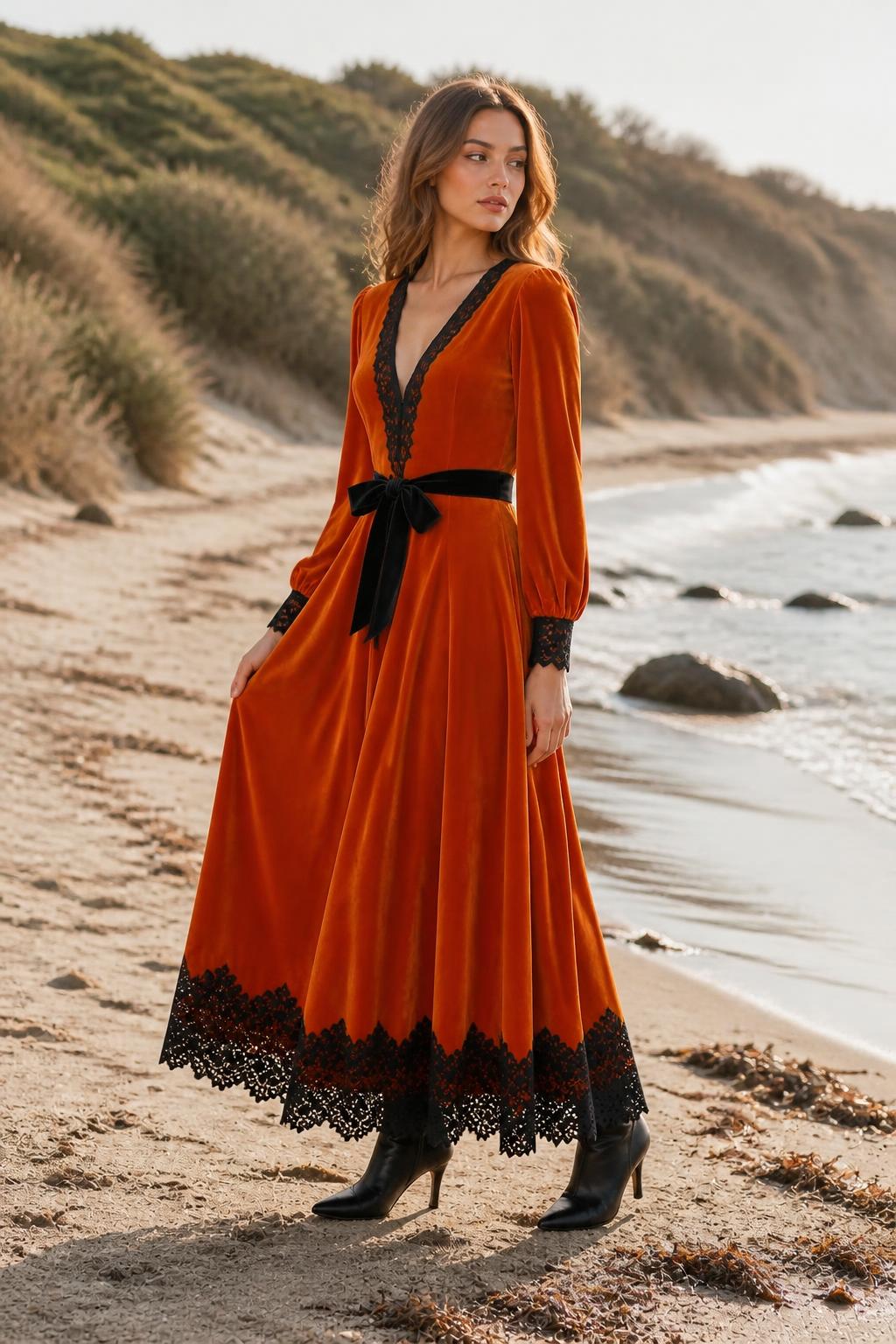 Sofia | Velvet Dress, Vintage Orange V-Neck with Lace Trim