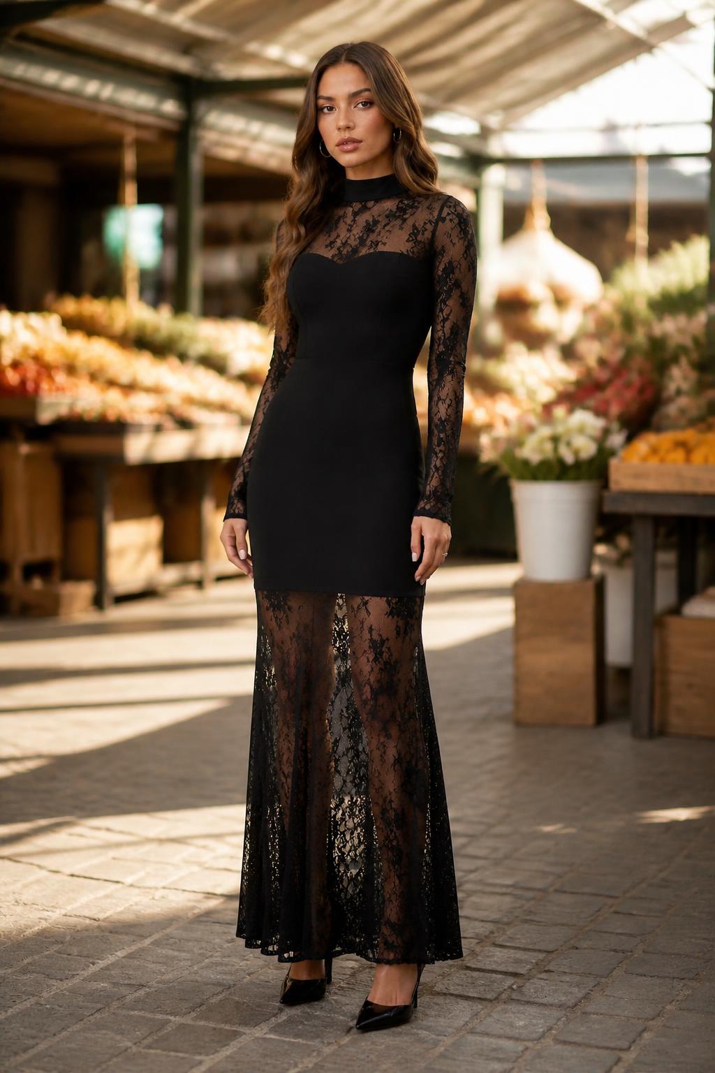Amelia | Black Bodycon Dress, Floral Lace Long-Sleeve Mermaid