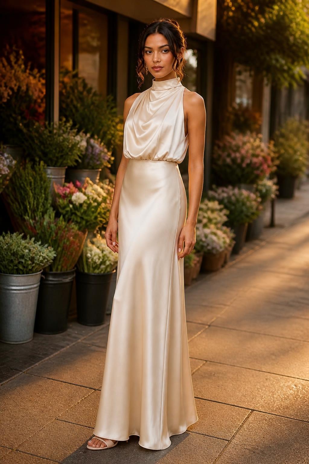 Evelyn | Backless Dress, Halter-Neck Satin Draped Evening Gown