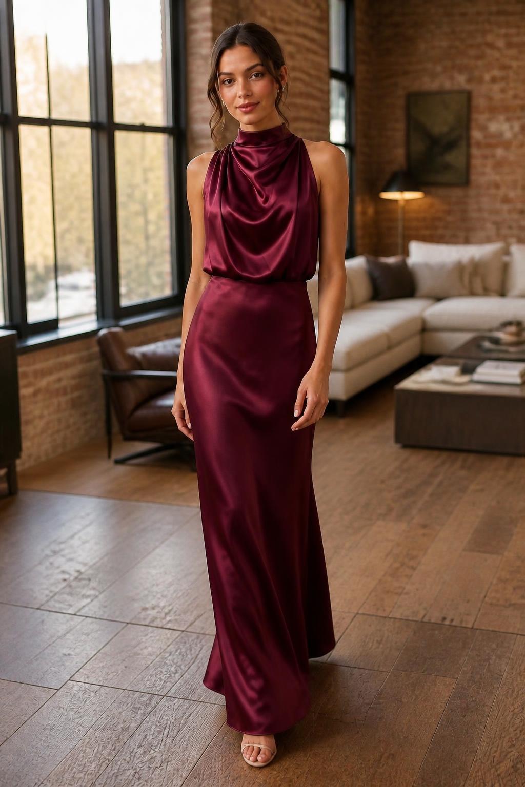 Evelyn | Backless Dress, Halter-Neck Satin Draped Evening Gown