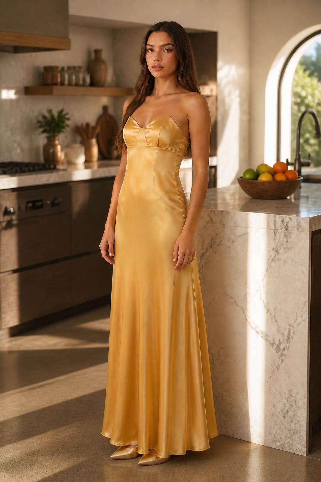 Sophia | Gold Dress, Y2K Satin Halter Backless Long