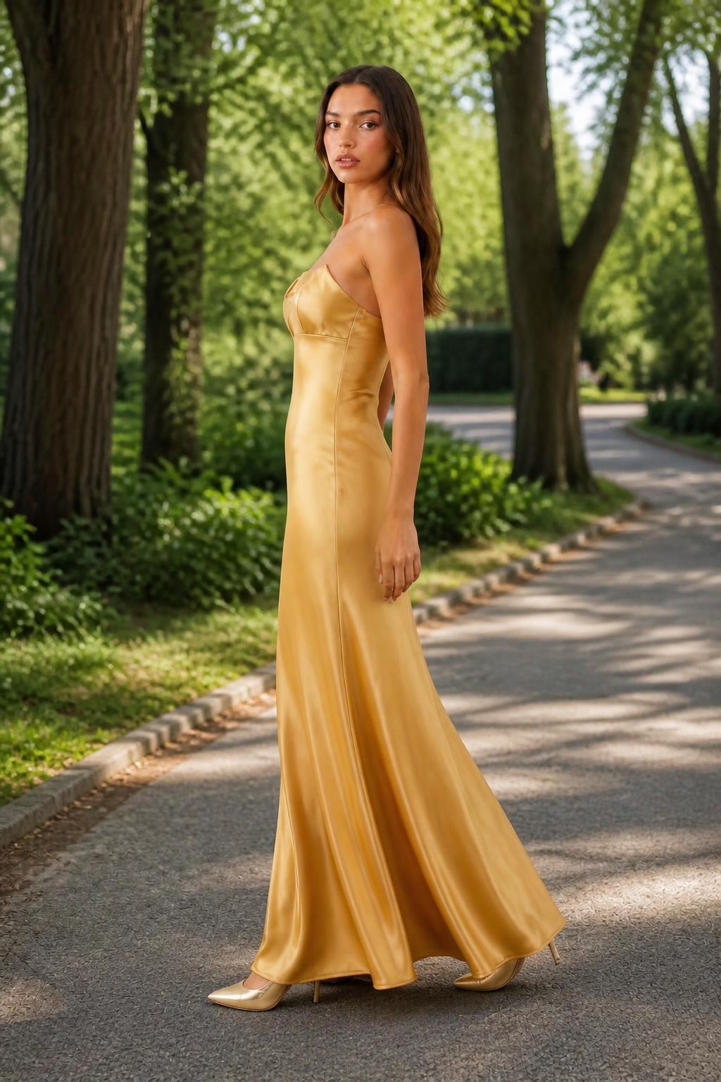Sophia | Gold Dress, Y2K Satin Halter Backless Long