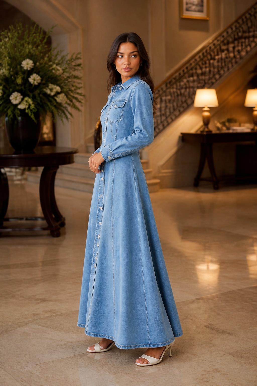 Amelia | Long Sleeve Denim Dress, A-Line Waist