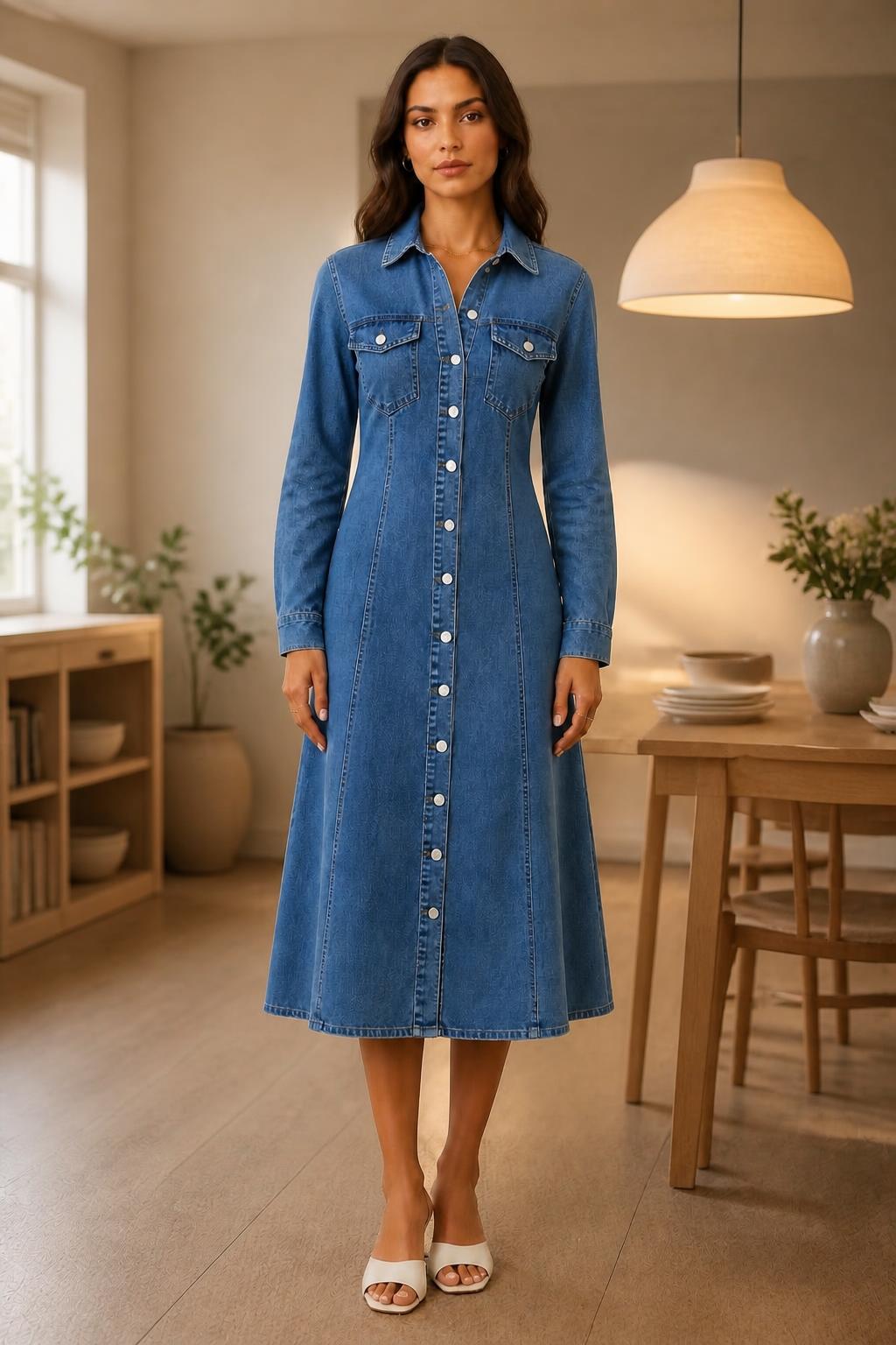 Amelia | Long Sleeve Denim Dress, A-Line Waist