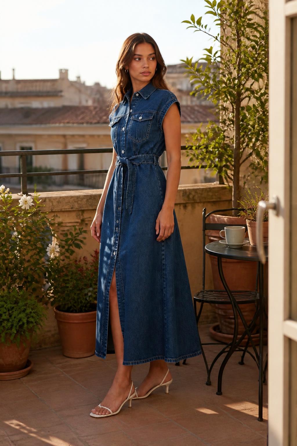 Sophia | Denim Skirt, Dark Blue Button-Front for Women