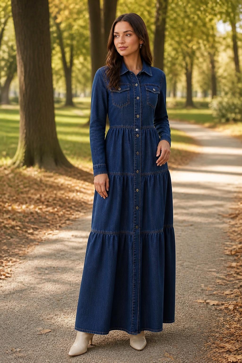Mia | Denim Shirt Dress, Retro Tiered Long Sleeve Mid Waist