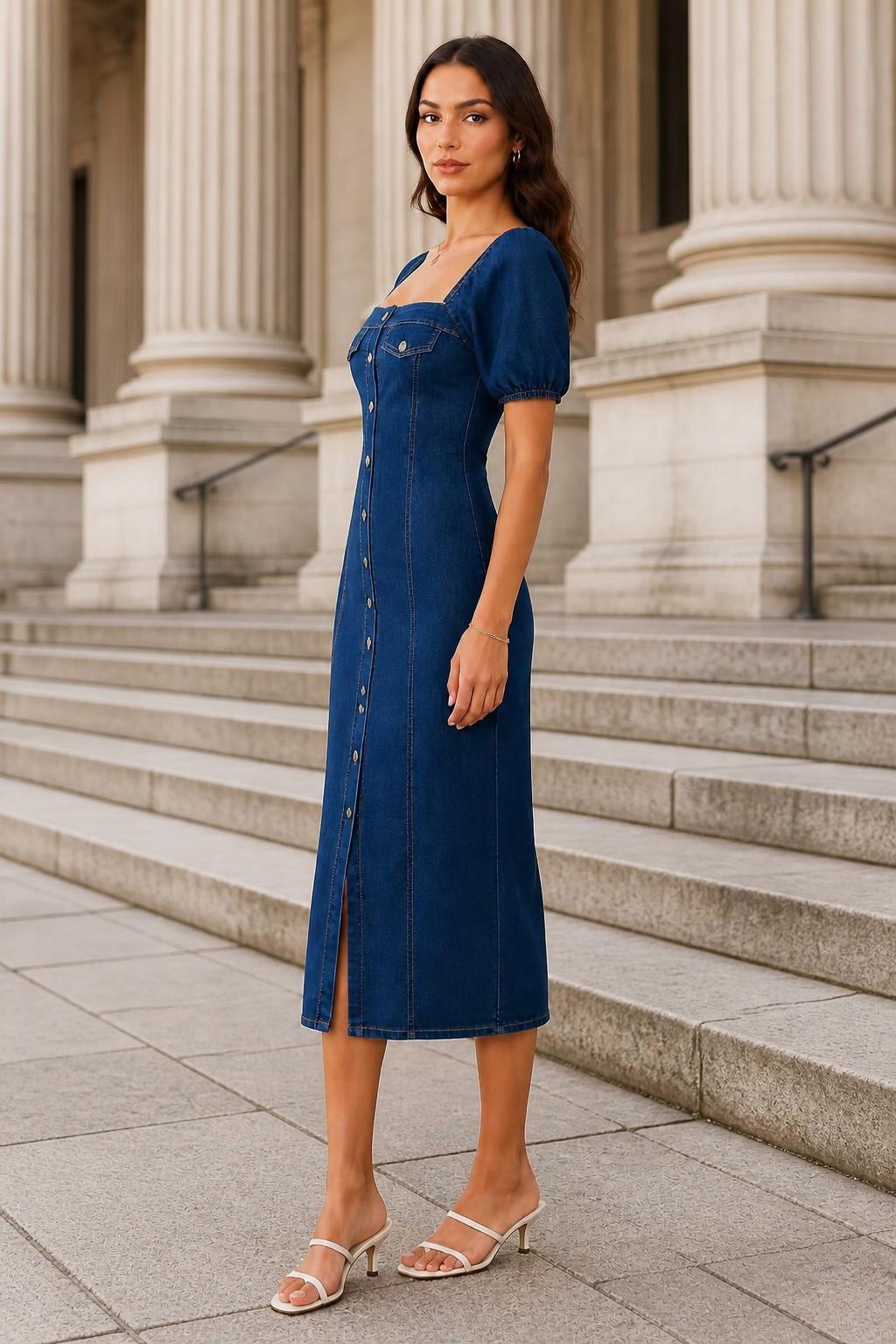 Olivia | Square Neckline Dress, Vintage Dark Blue Denim Midi