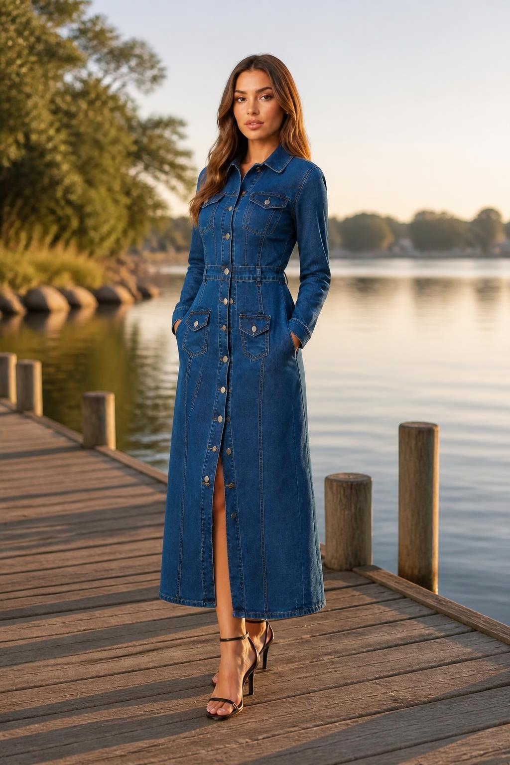 Charlotte | Long Denim Dress, Casual with Pockets for Fall and Winter