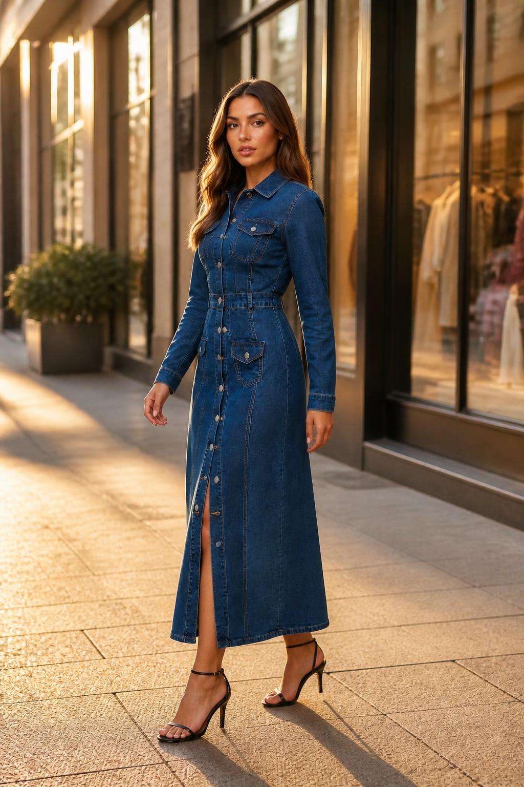 Charlotte | Long Denim Dress, Casual with Pockets for Fall and Winter