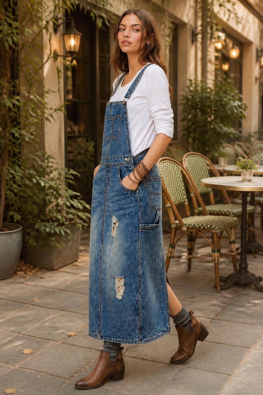 Emma | Overall Dress, Washed Denim with Adjustable Straps, Relaxed Fit